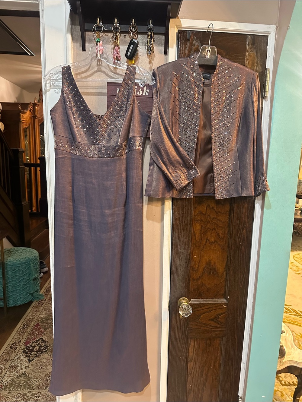 Beaded V-Neck Maxi Dress with Matching Jacket - Dusty Mauve